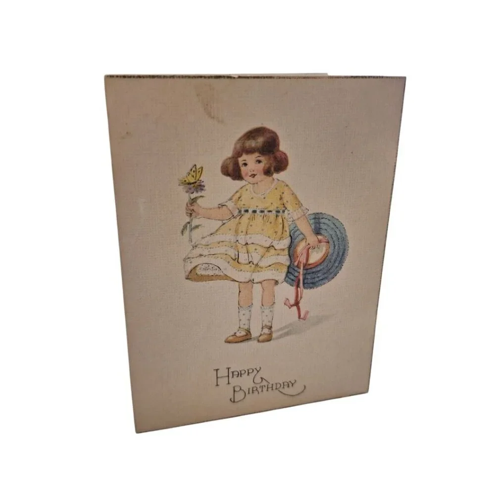 Happy Birthday Card Small Vintage Shy Love‎ 3x4 1950s Blank Girl Flowers Dress